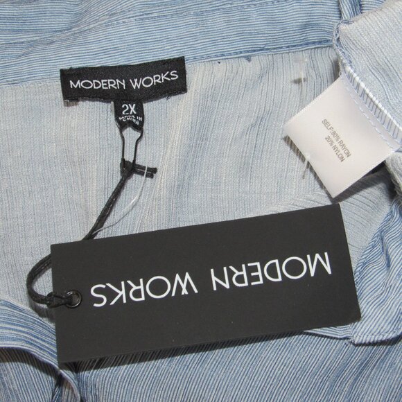 NWT Modern Works Blue Textured Mini Stripe Tie Front Blouse Shirt Plus sz 2X - Picture 3 of 4